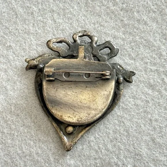 Vintage Heart Shaped Pewter Photo Frame Brooch Valentine Pin Rose Ornate Detail - Picture 2 of 6